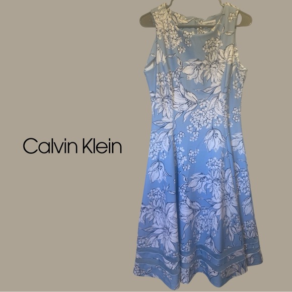 Calvin Klein Dresses & Skirts - Calvin Klein Blue & White Floral Sleeveless Fit & Flare Dress Size 12
